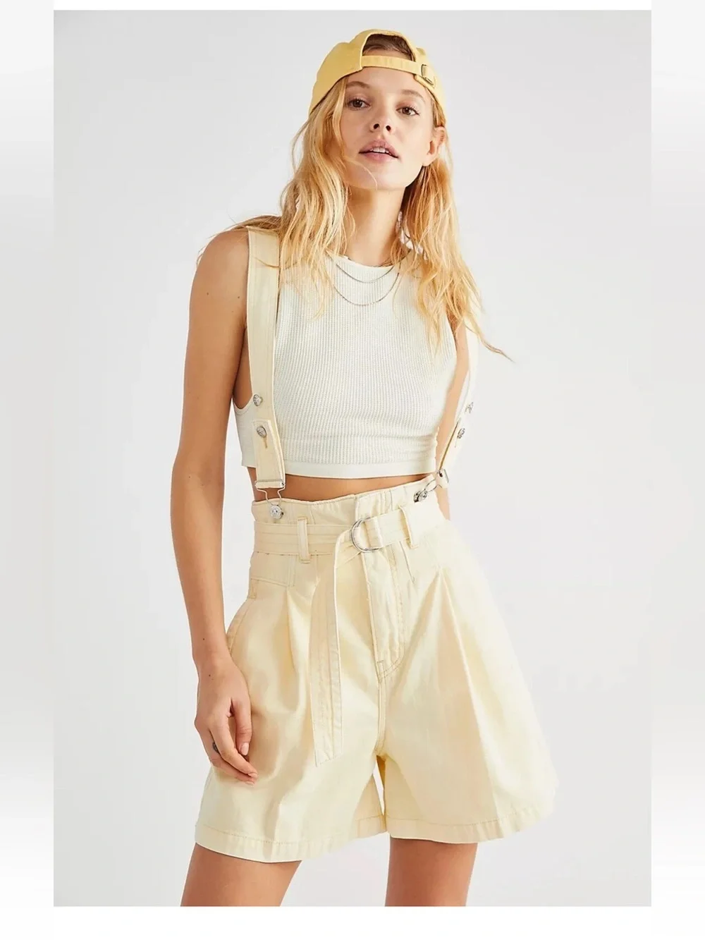 LIKE NEW FREE PEOPLE Bittersweet Shortall Dungaree Shorts- Yellow